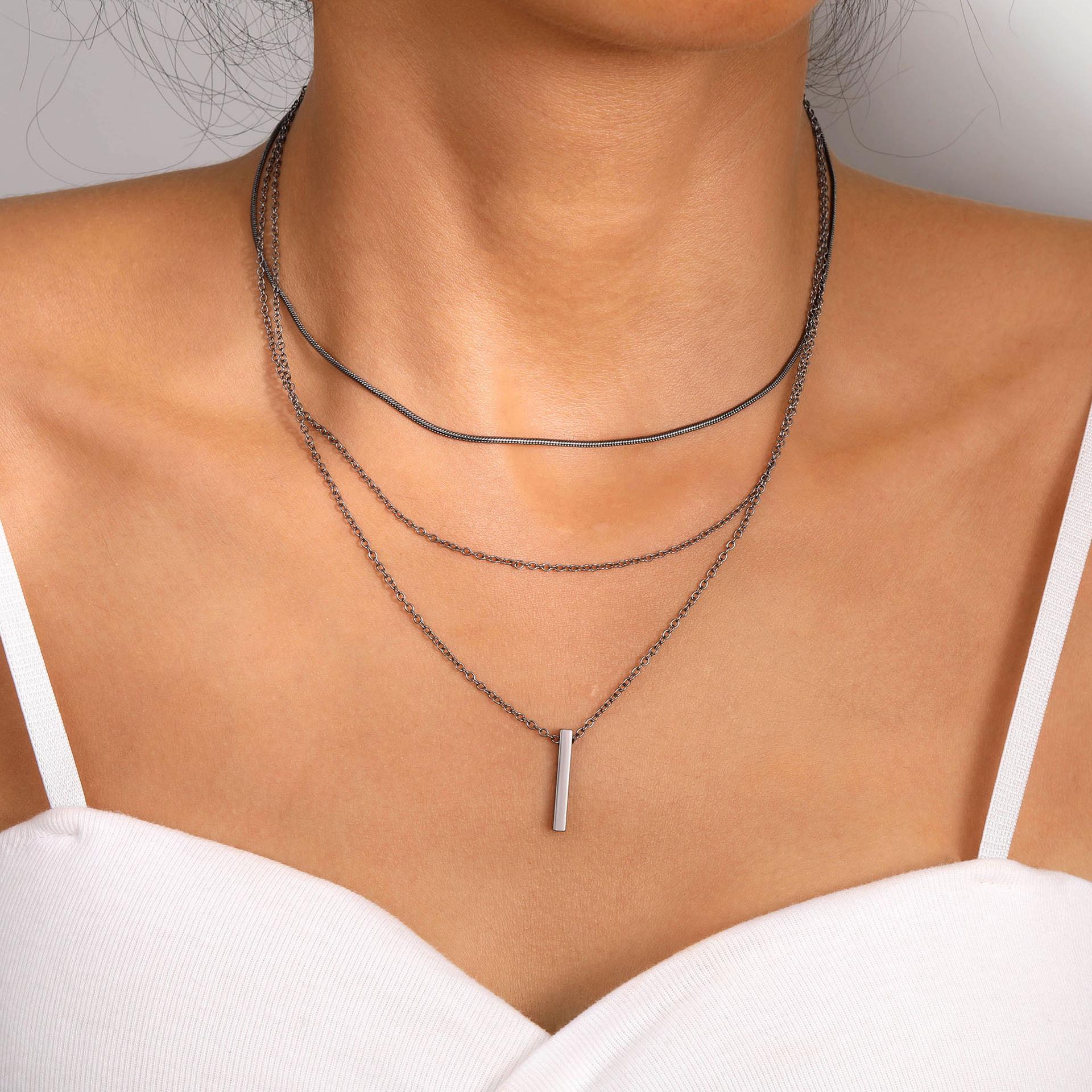 

European & American Minimalist Long Bar Pendant Necklace - Three-Layer Clavicle Chain