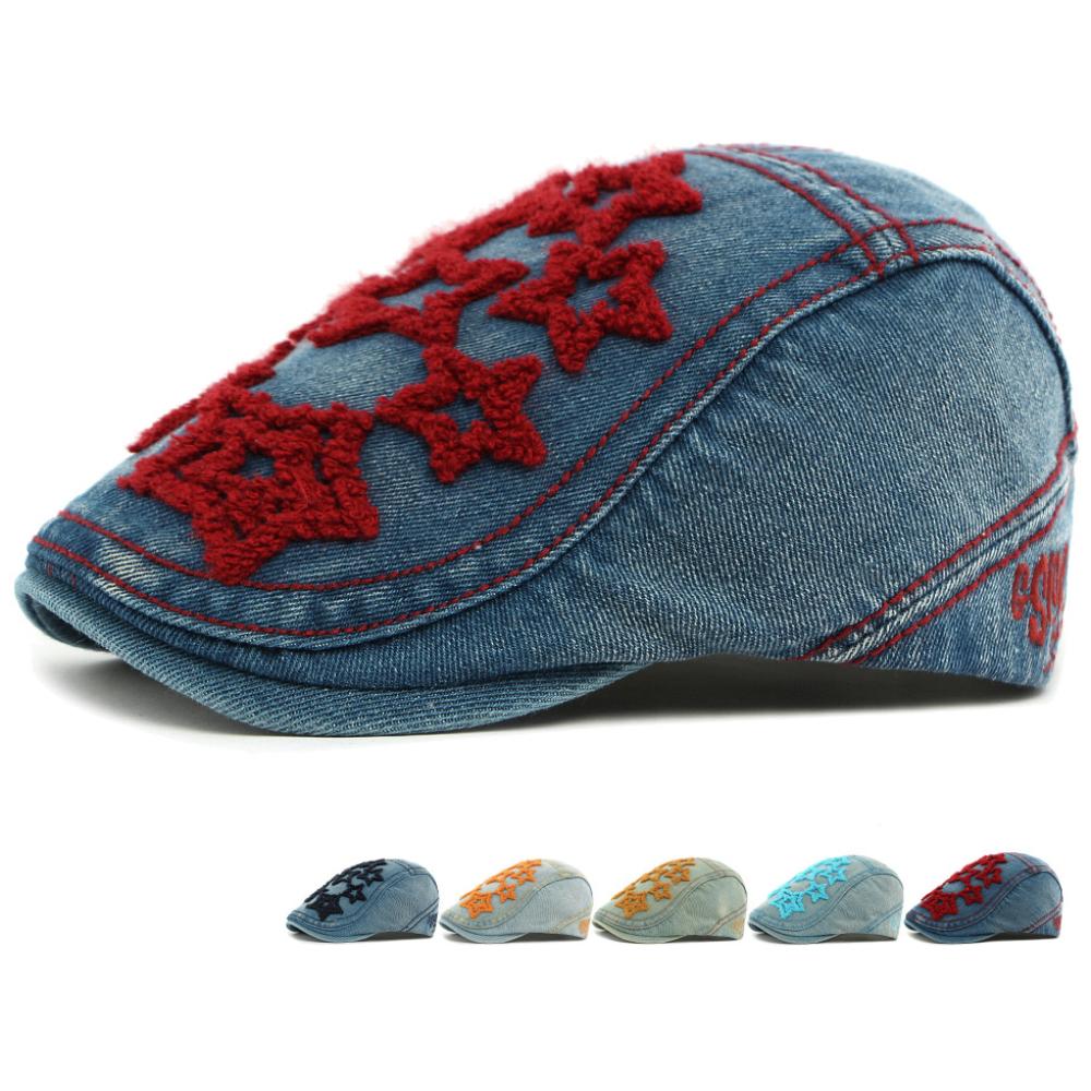 HT4932 Baskenmütze Damen Sterne Stickerei Baumwolle Denim Hut Vintage Künstler Maler Baskenmütze Herren Damen Schirmmütze Herren Baskenmützen