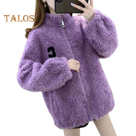 Winter Lady Coat Thickened Double-sided Faux Fleece Solid Color Stand Collar Neck Protection Letter Decor Long Sleeves Keep Warm Outdoor Travel