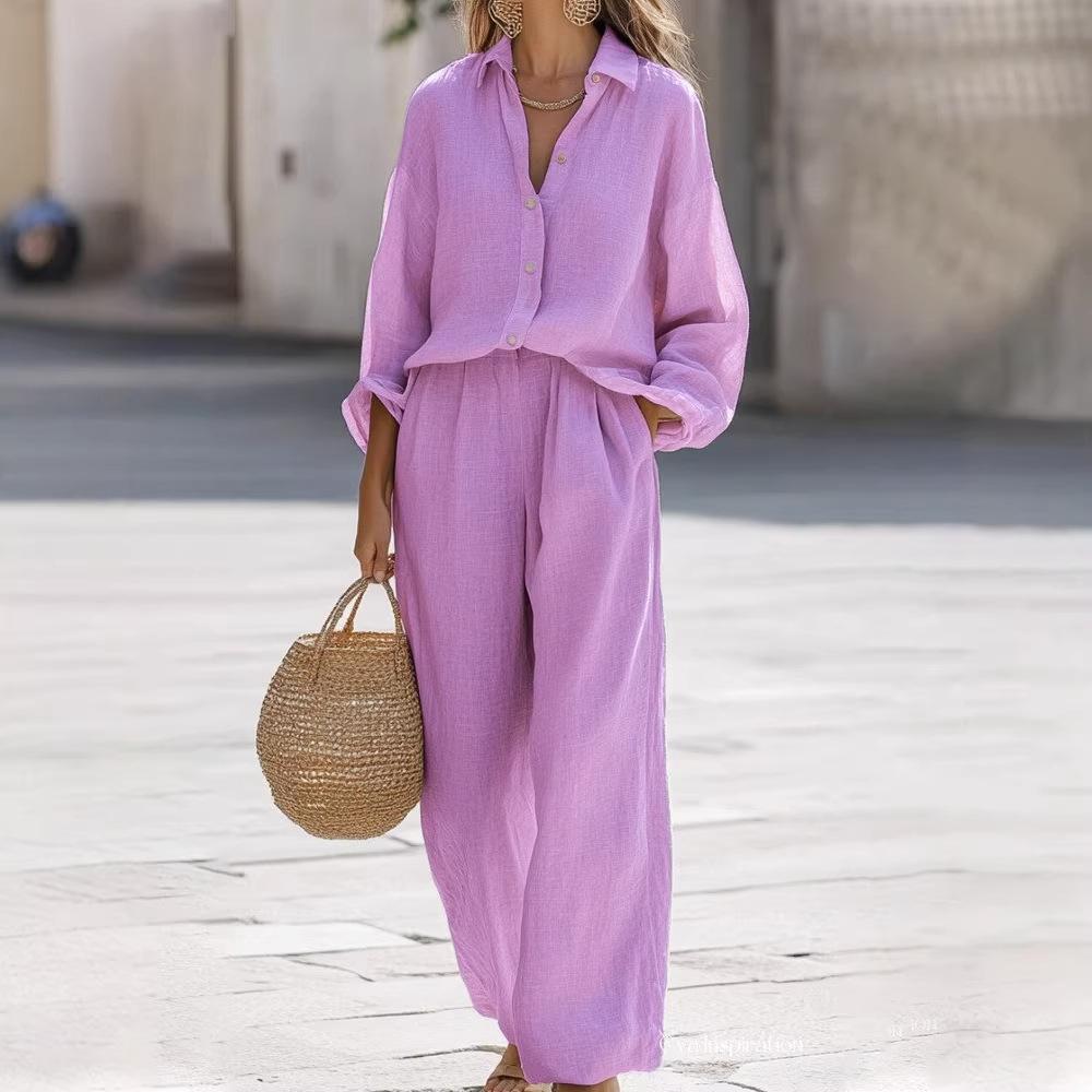 2 Pieces Women Sets Casual Lapel Long-sleeved Shirt+long Pants Cotton Linen Suit Sets Women's Clothing