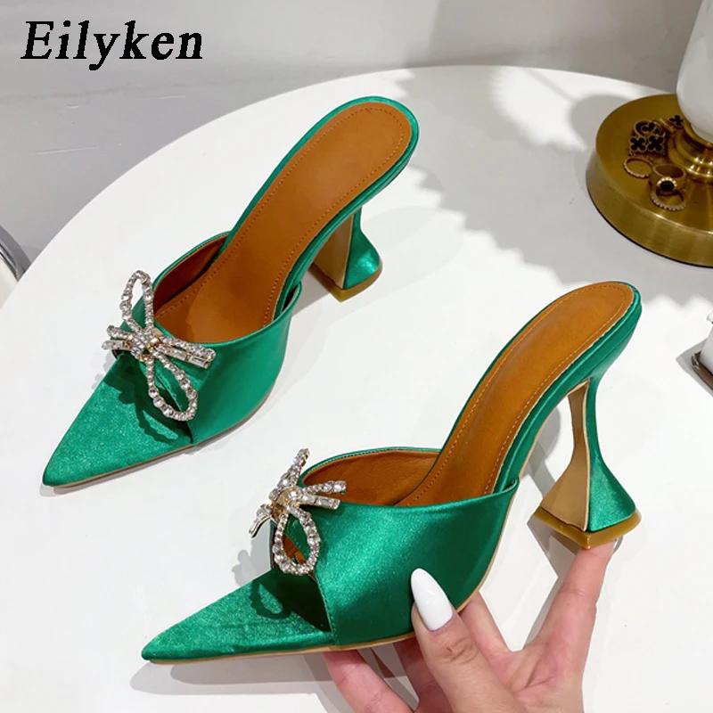 Fashion Eilyken Summer Butterfly-knot Pointed CRYSTAL Thick Heel Slippers Sexy Street Woman Square Toes Dress Shoes Zapatilla De Mujer