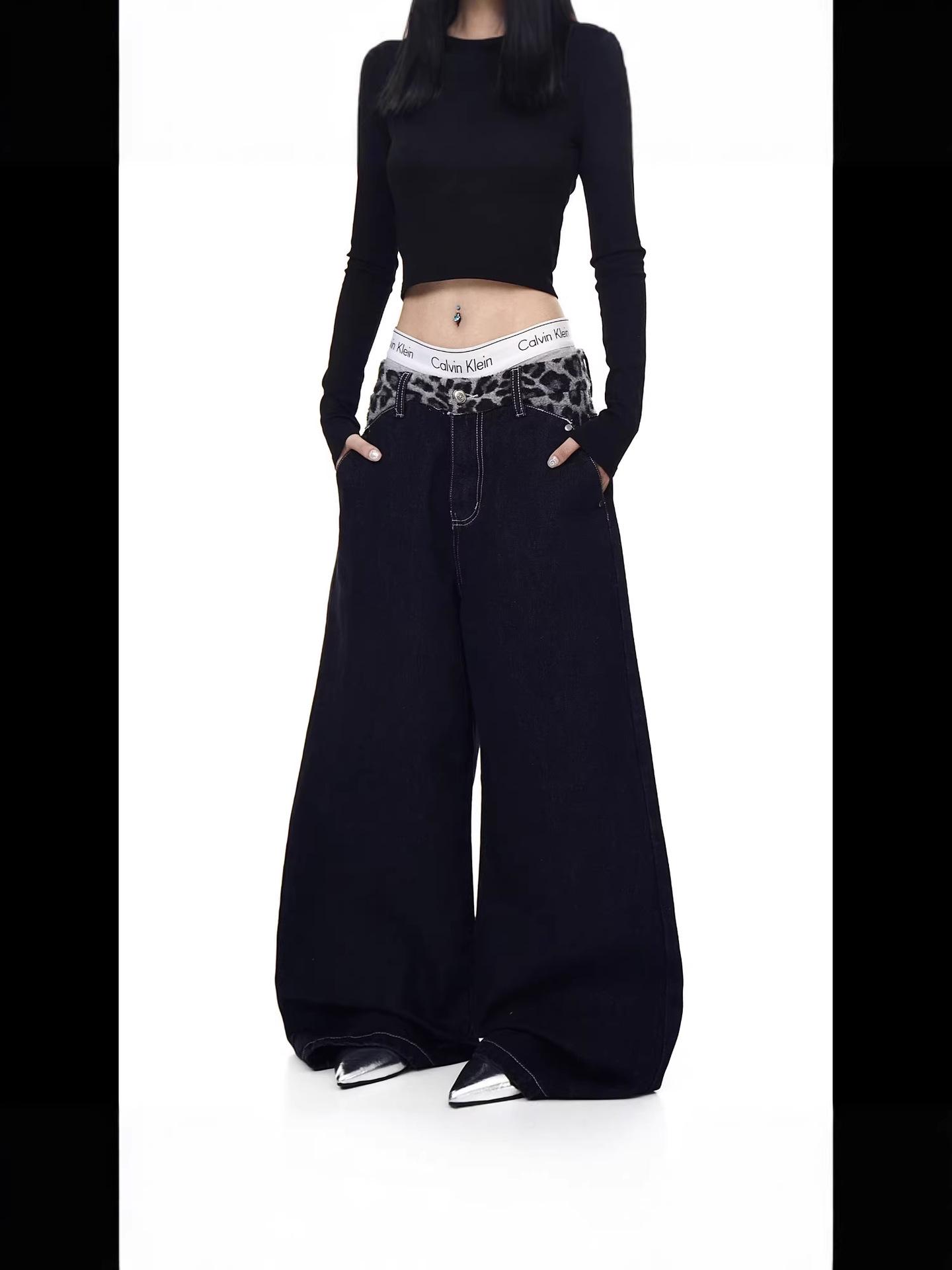 Leopard Patchwork Wide-Leg Denim Pants - Trendy European & American Style M чёрный