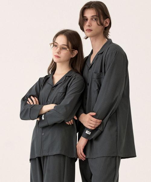 [Dossy] Silkfit Modern Black Long-Sleeve Couple Pajama Set [Shipped from Korea] 100% Authentic