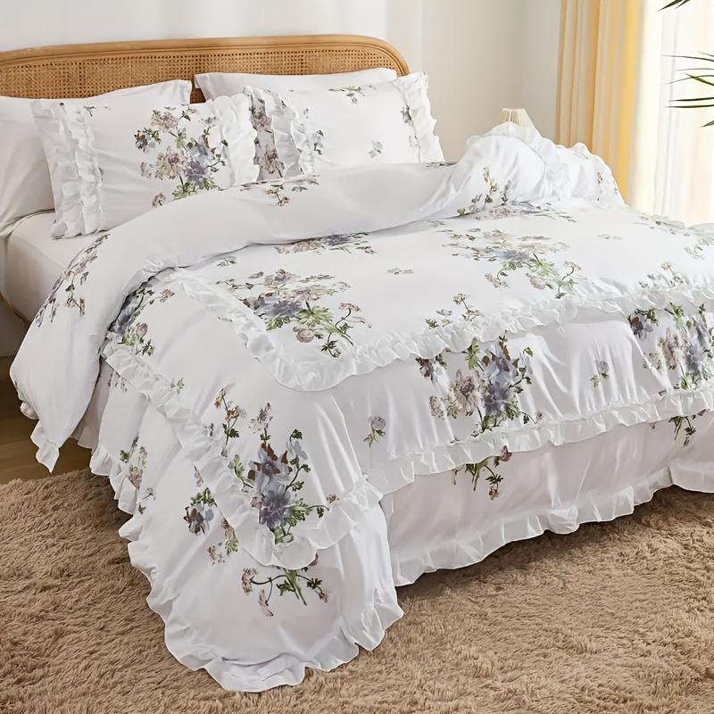 3 pieces of simple polyester white floral lotus leaf trim duvet cover set (1 duvet cover +2 pillowcases, no core)