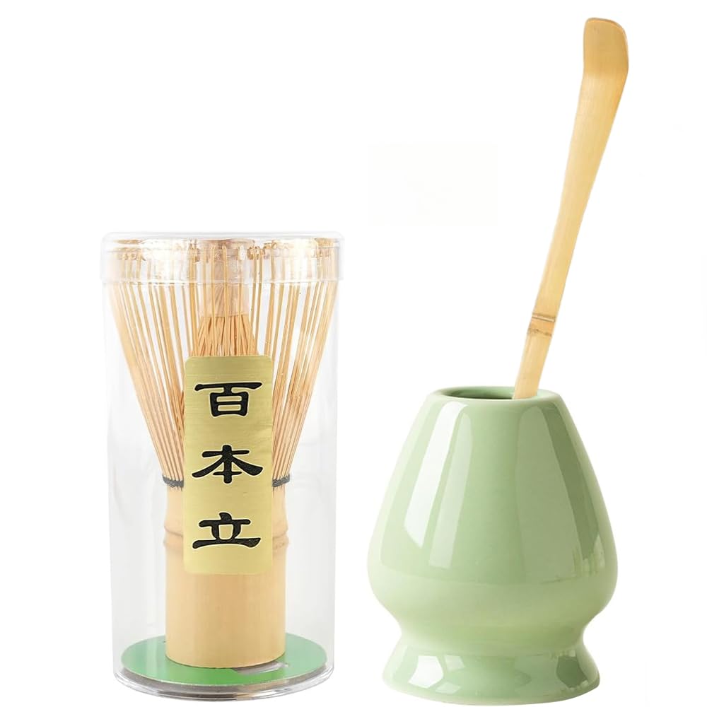 Saehyotei Matcha Tea Ceremony Set, 3-Piece Bamboo Set with Chasen (100-Standing), Chashaku (Tea Scoop), and Chasen Fixer, Perfect for Beginners,
