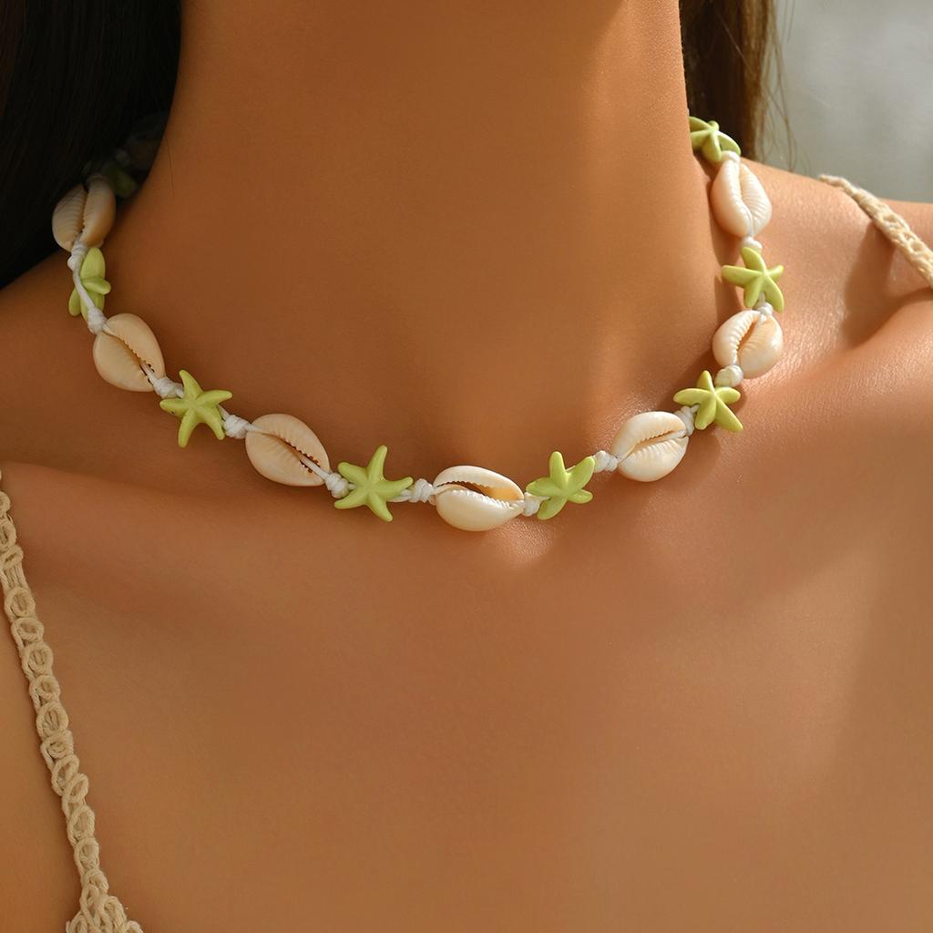 Bohemian Shells Turquoise Collares Necklace Summer Natural Starfish Hand-woven Beach Vacation Adjustable Necklaces Choker