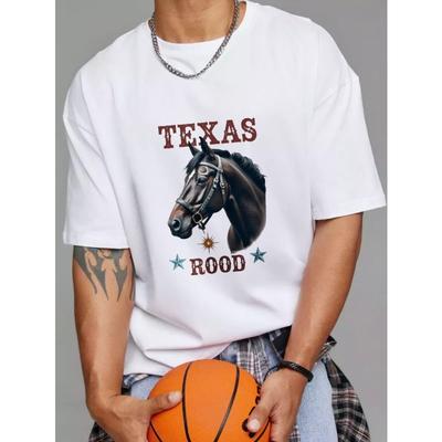 Texas Rood Horse Print T Shirt White Casual Western Style Graphic Tee for Men Outdoor Riding and Country Lifestyle