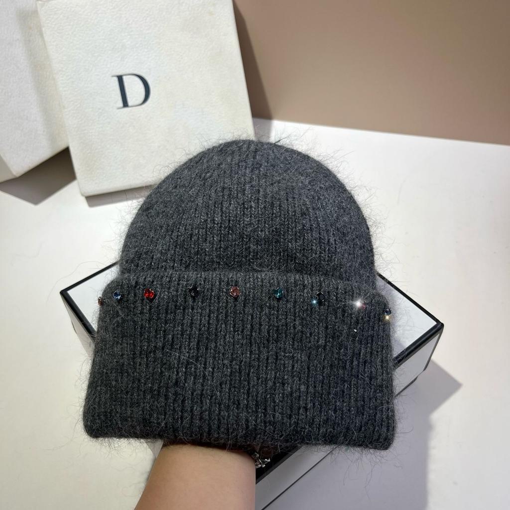 Russian Winter Warm Rabbit Hair Knitted Hat Celebrity Light Luxury Small Diamond Double Fold Wool Hat Women'S Outdoor Windproof