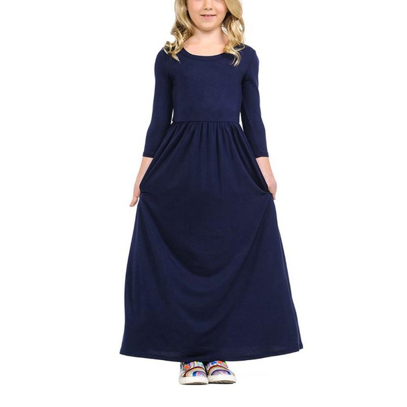 Girls Solid Color Round Neck Long Sleeved Dresses Large Hem Child Long Section Long Dress