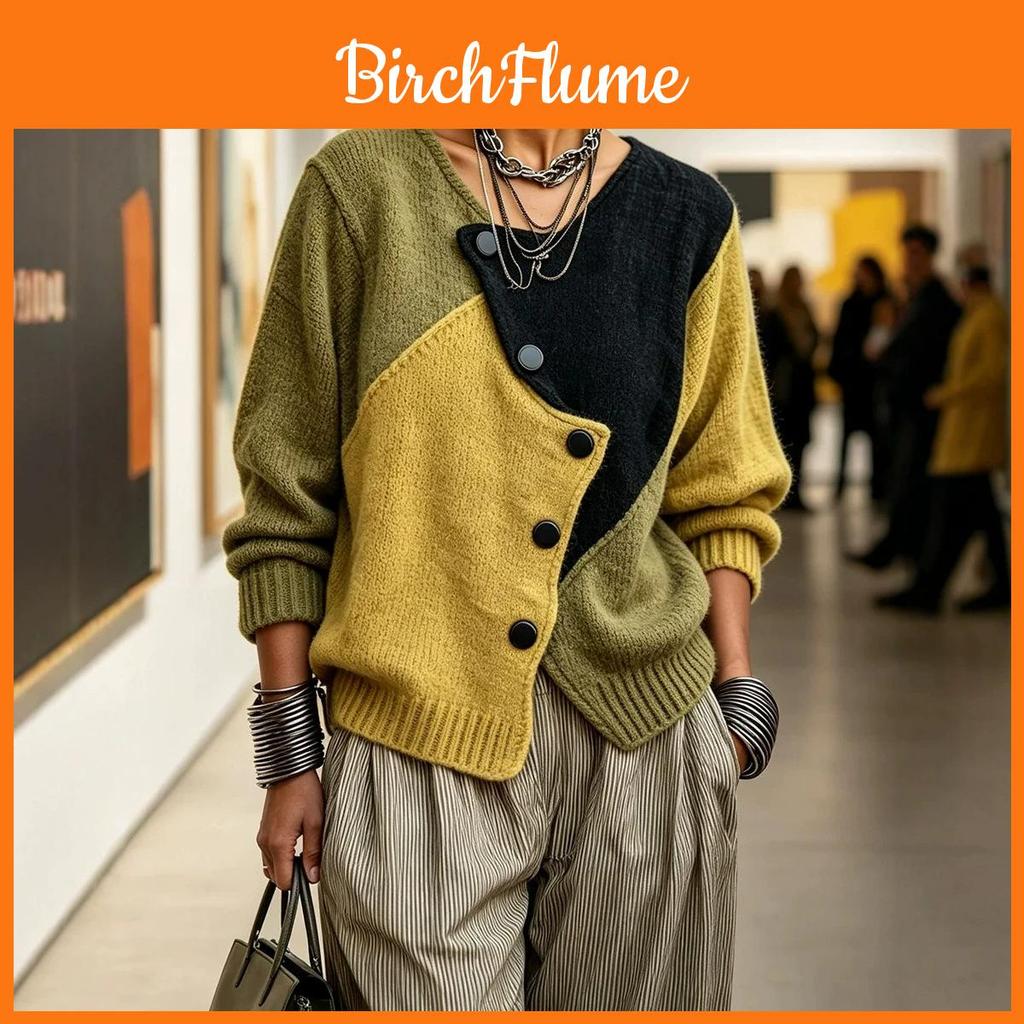 Vintage Geometric Knit Cardigan With Round Neck For Autumn Winter Casual Wear