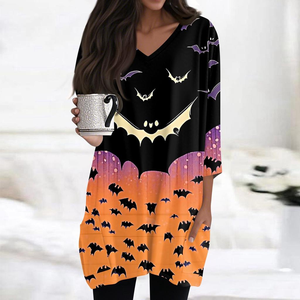 Womens Tops V-neck 3/4 Sleeve Blouses Casual Mid-length Shirts Fashion Halloween Print Tunic Tops With Pockets