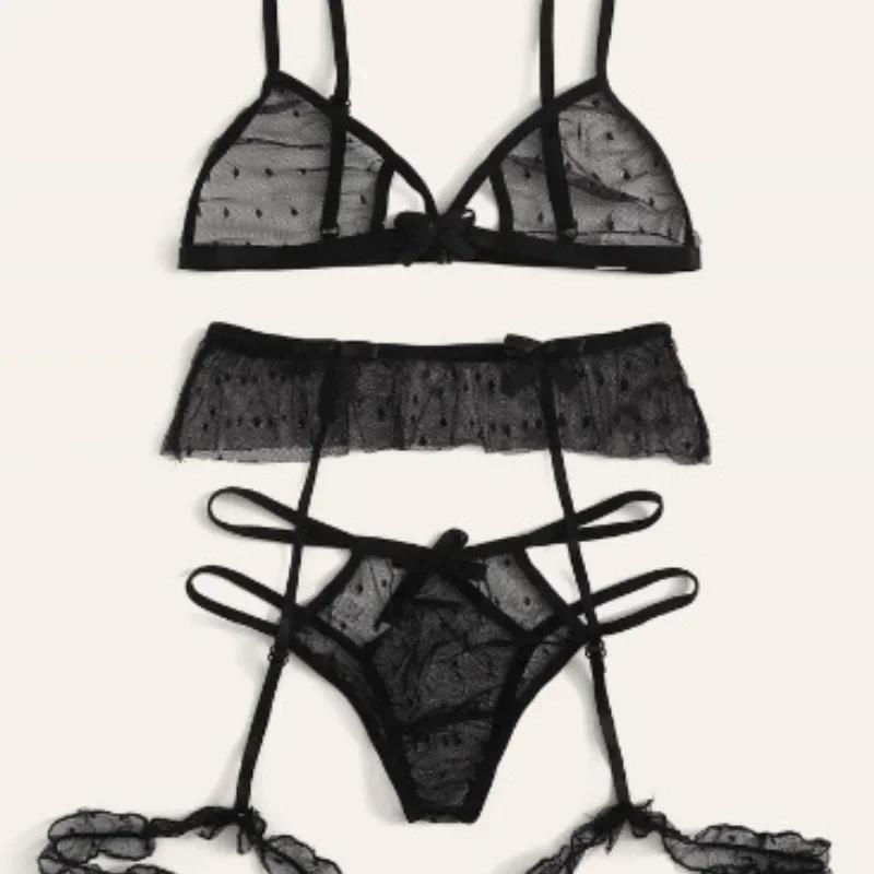 Sexy Women Lingerie Set Polka Dot Mesh Bra Thongs Garters Transparent Lace Underwear Exotic Sex Costume