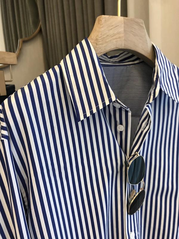 Kadınlar için Şık Mavi & Beyaz Çizgili Uzun Kollu Gömlek - Şık Sonbahar Tasarımı