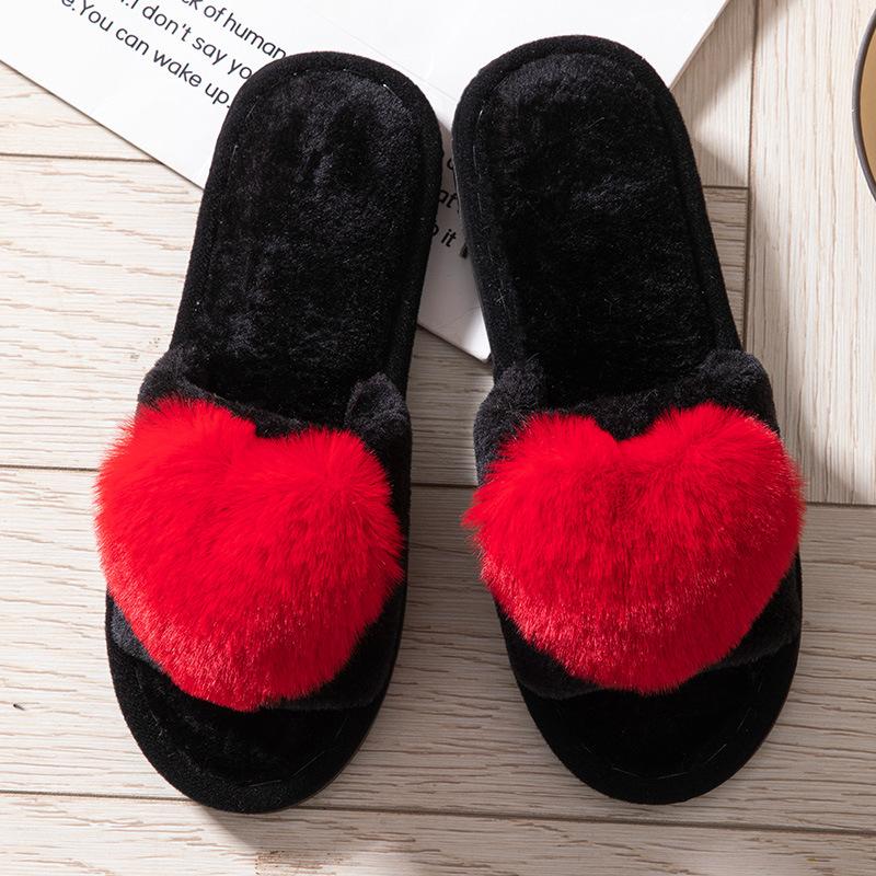 Love Open Fluffy Open-toed Warm Autumn and Winter Four-season Open Cotton Slippers Home Slippers
