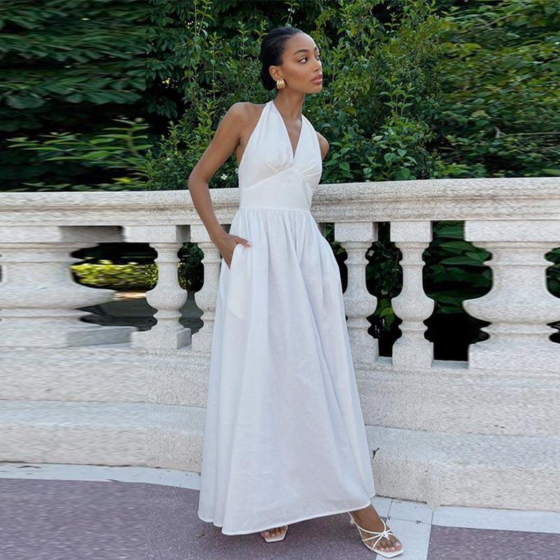 Bílé bavlněné halter šaty s výstřihem do V, sexy odhalená záda, dámské šněrovací A-line šaty, top v pase, velká sukně, módní plážové šaty na dovolenou, léto nové