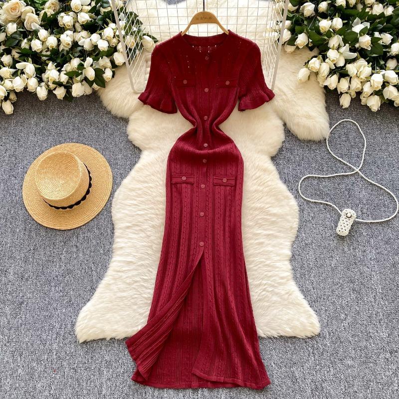 Simple Knitted Dress for Women's Summer Single-breasted Hollowed-out Slimming and Shaping Dress