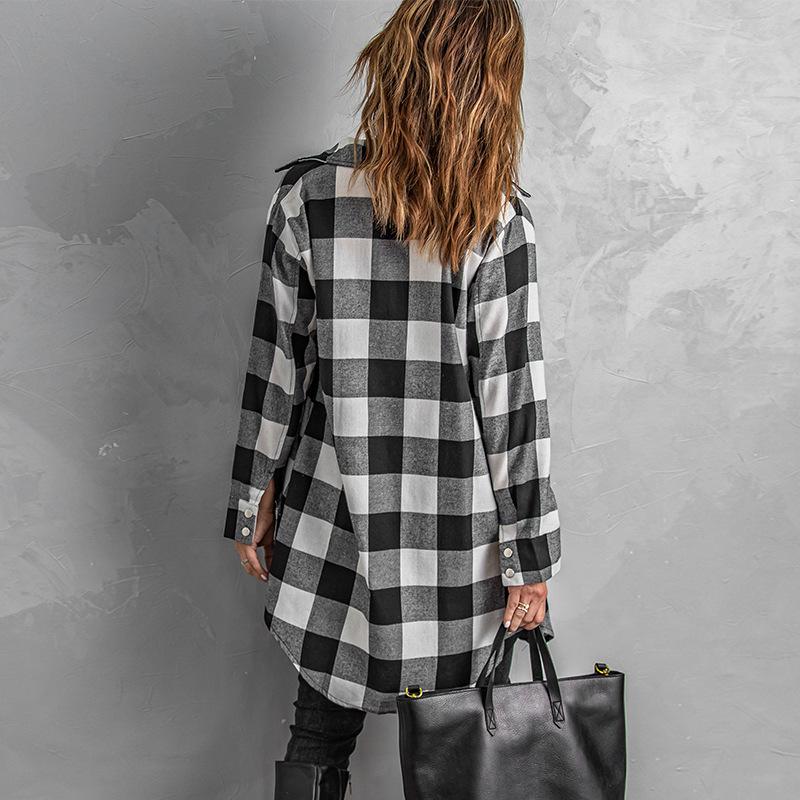 Plaid Shirt Mid-Length Long Sleeve Women's Jacket Plaid Shirt Top