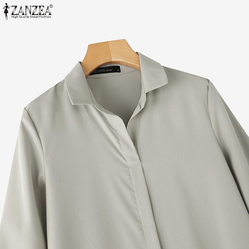 ZANZEA Women Casual Turn Down Collar Solid Color 3/4 Sleeve Shirt Dress