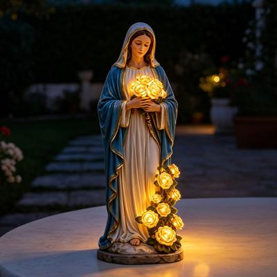 Blessed Mother Garden Light Statue with Flower USB