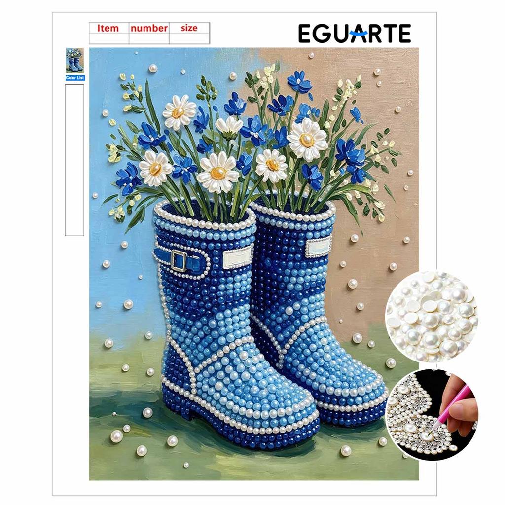 Framed Pearl Art DIY Kit with Blue Rain Boots Flower Pattern 3D Sparkling Bead Canvas Painting Handmade Gift for Wall Home Decoration