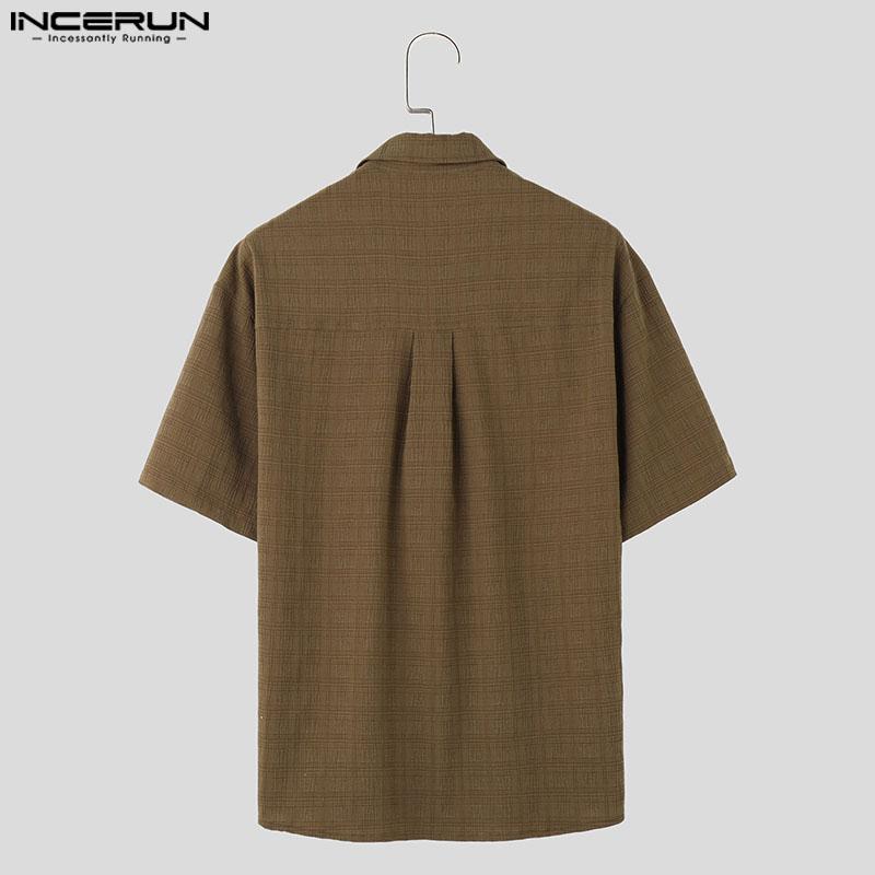 INCERUN Men Turn Down Collar Texture Shirts Plus Size Loose Tops