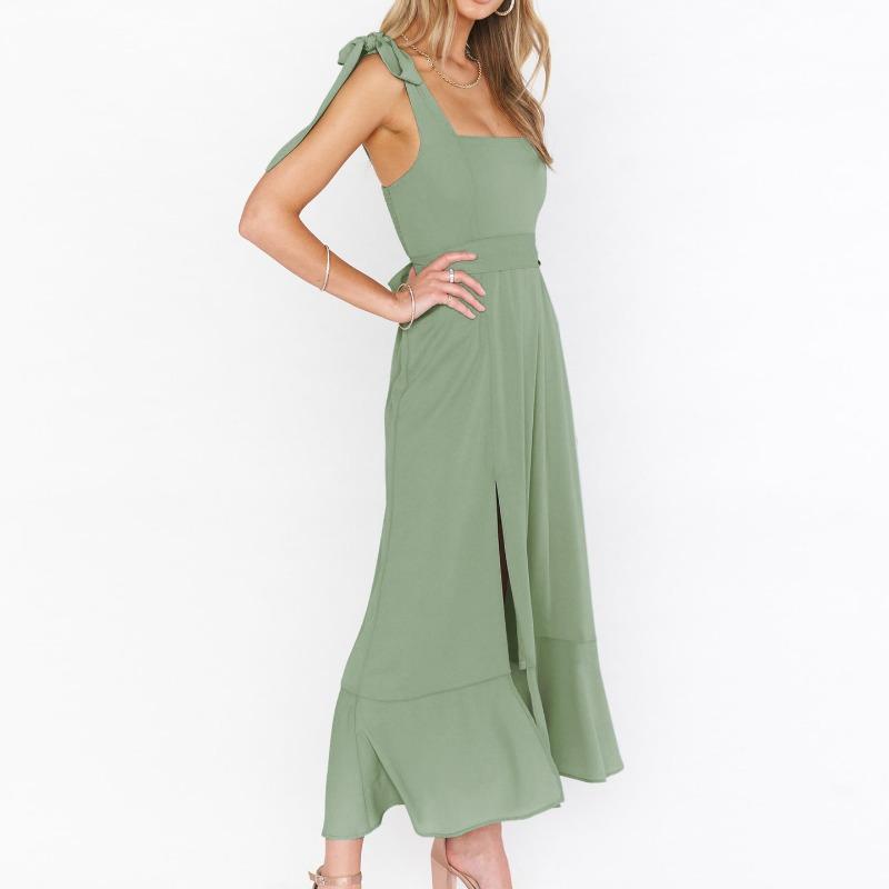 Summer Women's Pullover Hanger Strap Off Shoulder One Line Neck Lace Up Bow Tie Solid Color Split Fashion Casual Sexy Dresses