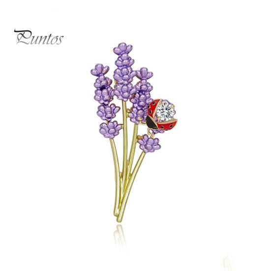 Lavender Brooch with Ladybug Decor Suit Coat Collar Dress Scarf Hat Decoration Pin Dripping Oil Insect Flower Brooch for Formal Party Wedding