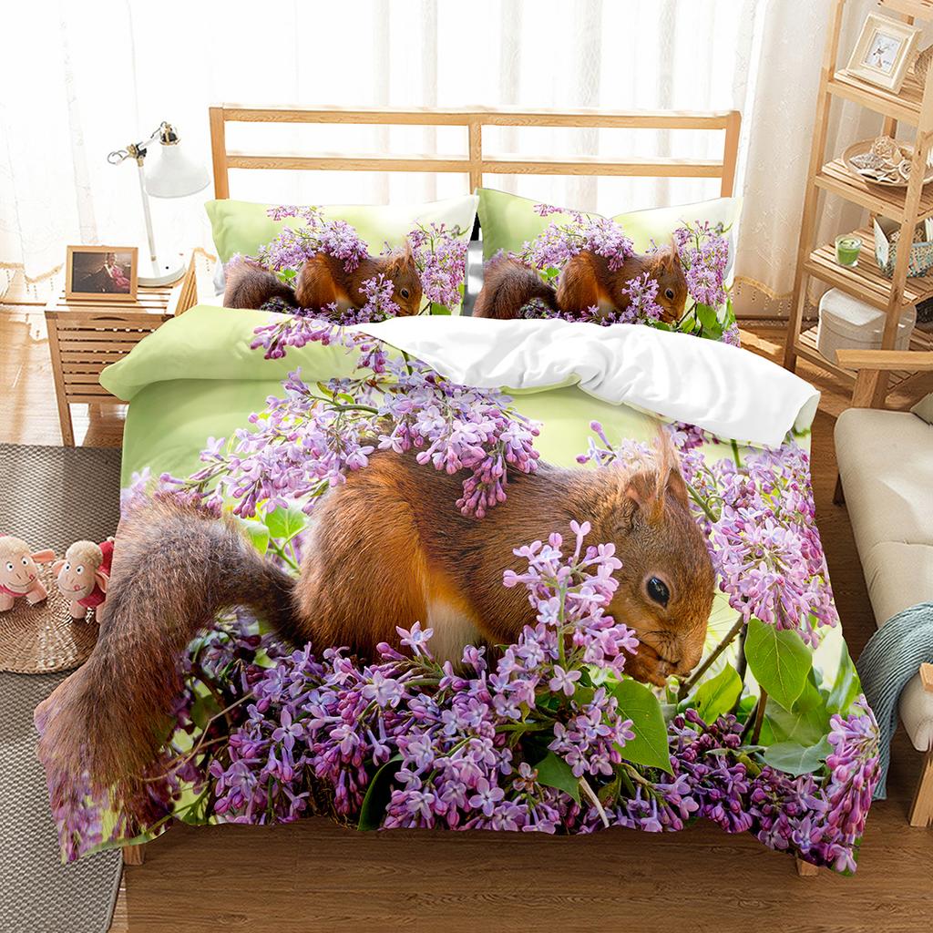 Squirrel Duvet Cover Set Cute Wild Animals Polyester Comforter Cover With Pillowcase For Kids Teen Bedroom Decor King Queen Size