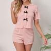 Women's Casual Home Wear Set: Short Pajamas with Bow & Ruffle Trim, Suitable for Outdoors