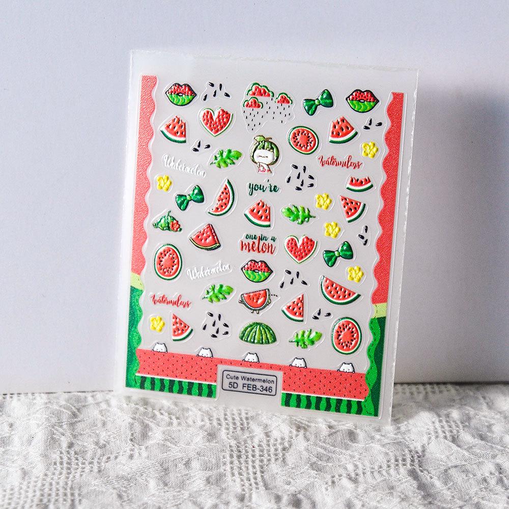 Fresh Watermelon 5D Embossed Nail Stickers with Adhesive Backing and Green Leaves Design for Mixed Batch Wearable Nail Art