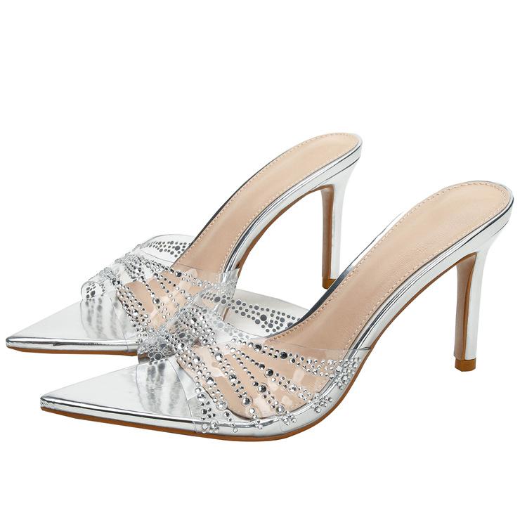 Customized Summer European and American Style Fashionable Transparent Rhinestone High-heeled Slippers Thin Heel Pointed One Pedal High-heeled Sandals