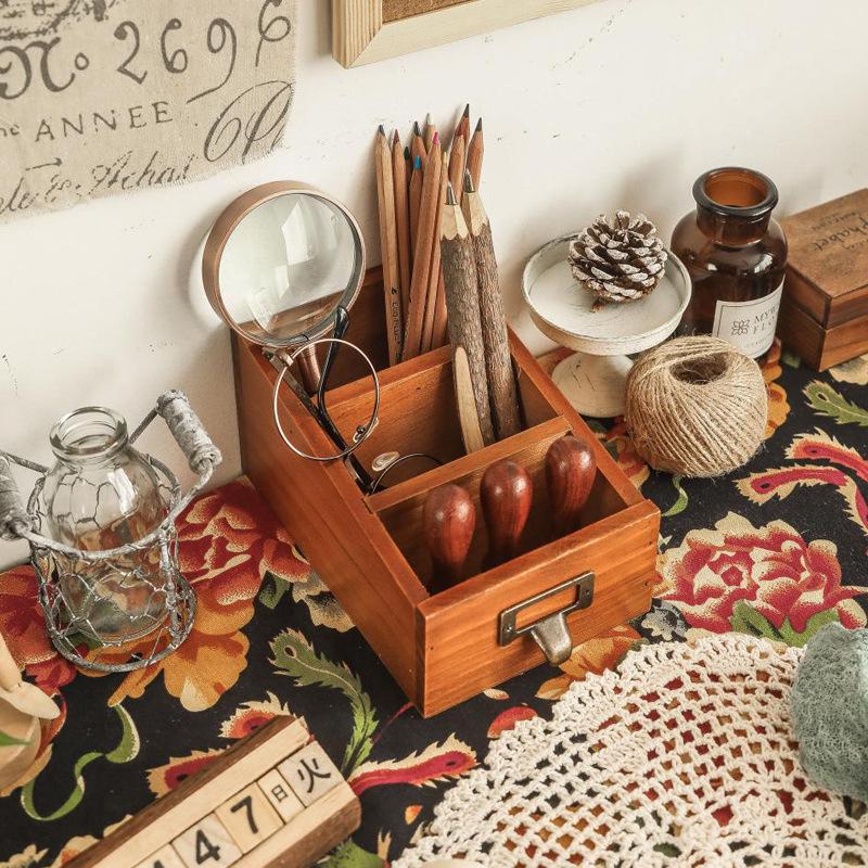 Wooden Desktop Organizer: Remote Holder & Stationery Box for Office or Makeup Brushes