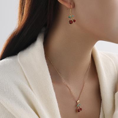 3-Piece Sweet and Cute Metal Delicate Red Cherry Ladies Necklace Earrings Jewelry Suitable for Daily Gifts