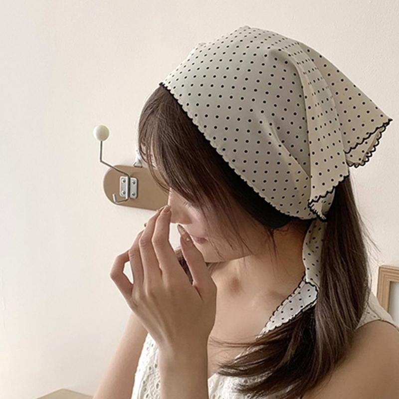 Women's Polyester Head Scarf With Dots Stylish Hair Cover Korean Style Triangled Scarf For Evening or Outdoor Daily Use