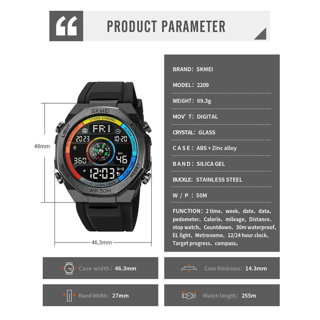 SKMEI 2209 Multifunctional Waterproof LED Watch Sports Electronic Watch Men's Outdoor Sports Compass Electronic Watch