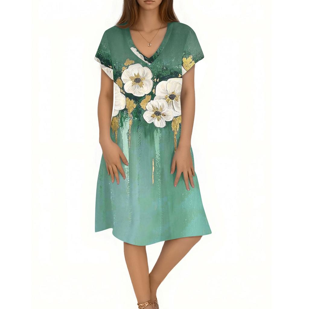 Women's Casual Fashion V-Neck Short Sleeve Floral Print Midi Flowing Dress