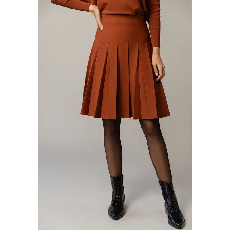 

Home Summer and Autumn New Foreign Trade European and American Good Quality Qu Zhu Plus size women clothing Pleated Knitted Skirt Umbrella Skirt Brown XXL: Waist 84-94