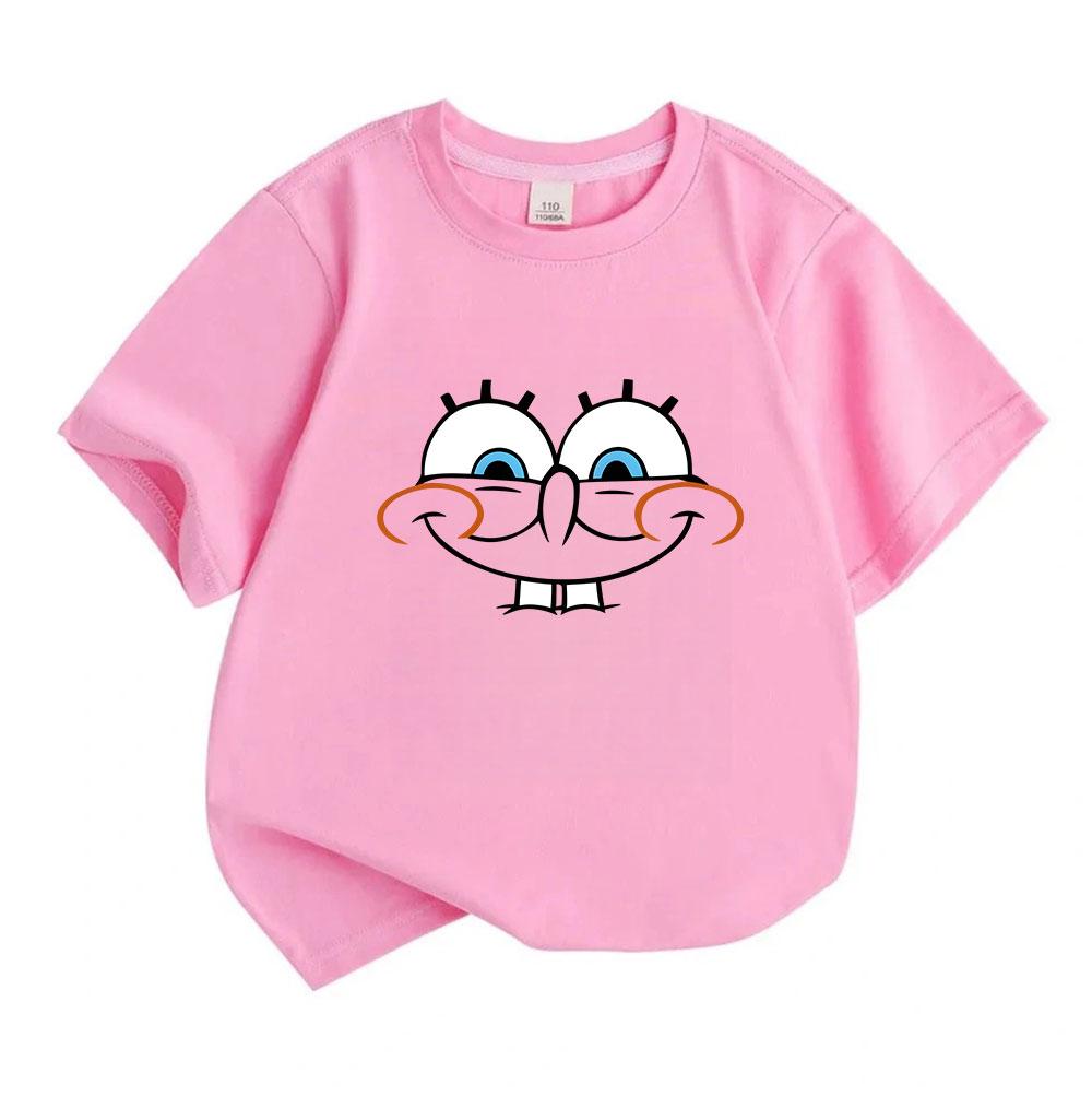 Kids Boys Girls 100% Cotton Crew Neck Short Sleeve T-Shirt, Cute Cartoon Smiling Big Eyes Funny Casual Soft Breathable Tee for Daily Play Lightweight