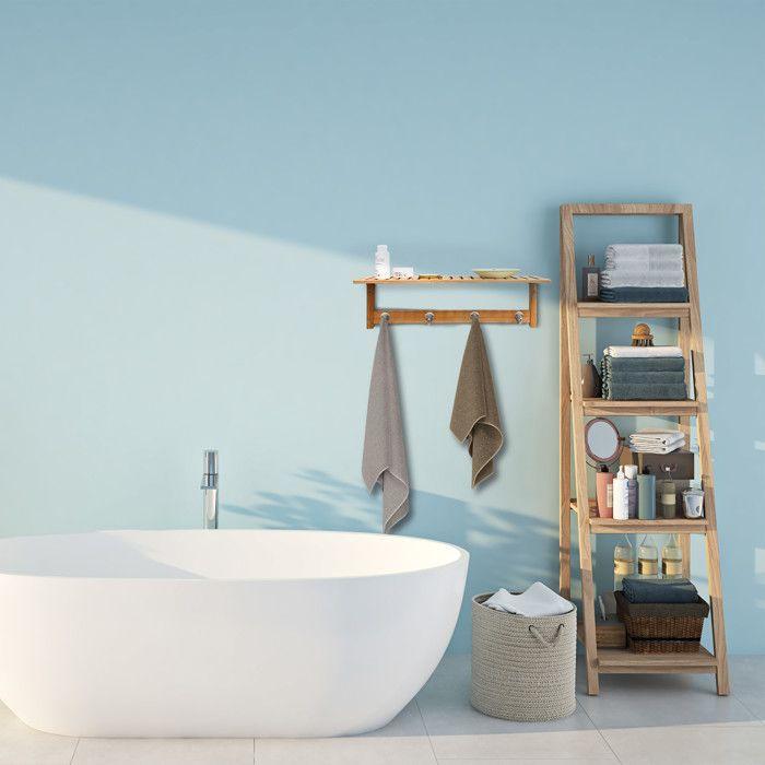 Relaxdays porte-serviette porte-manteau mural avec tagère bambou, métal 50 x 16 x 18 cm…