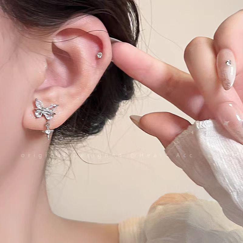 Butterfly Zirconia Silver Stud Earrings for Women, Light Luxury, Niche Style, Ear Bar Clasp Without Ear Holes