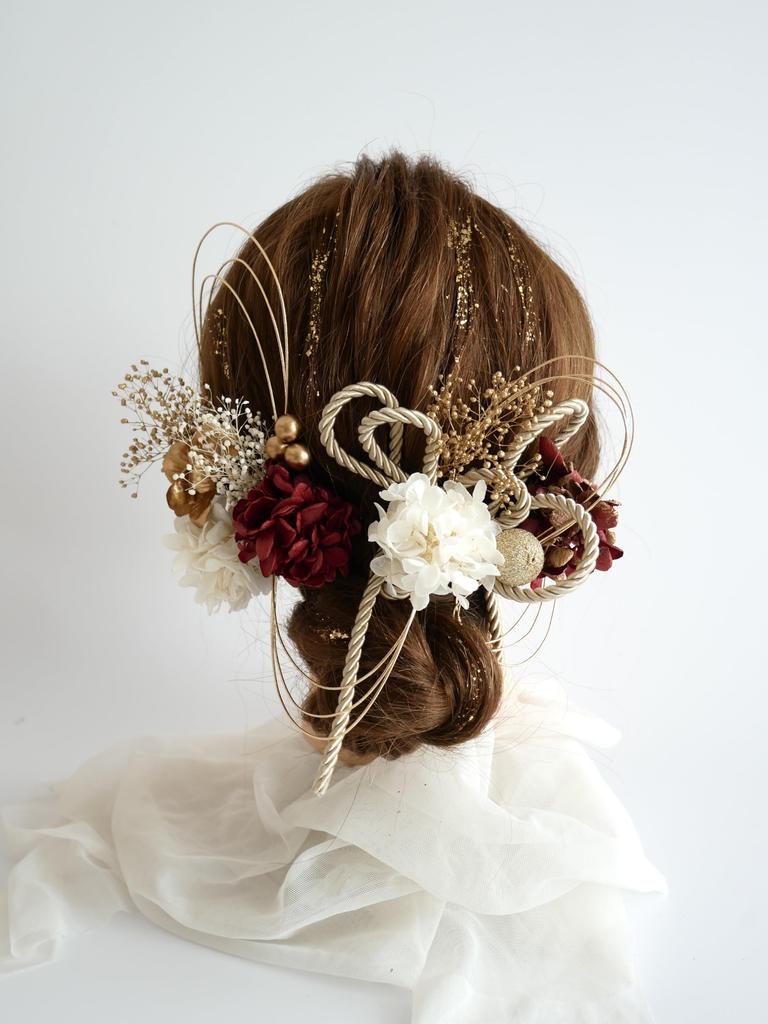 Preserved Flower Hair Ornament with Gold Leaf and Braided Cord for and Japanese Clothing [Bria] (Red) Coming-of-Age Ceremonies, Graduations, Weddings,