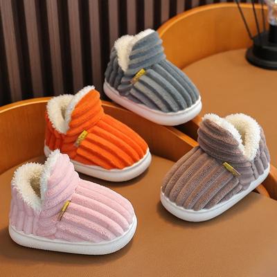 Zapatillas de Algodón para Niños Rayas Concisas Zapatillas de Felpa Antideslizantes Suela Blanda Niños Niñas Envolvente de Talón Cálidas Zapatillas Altas para Casa