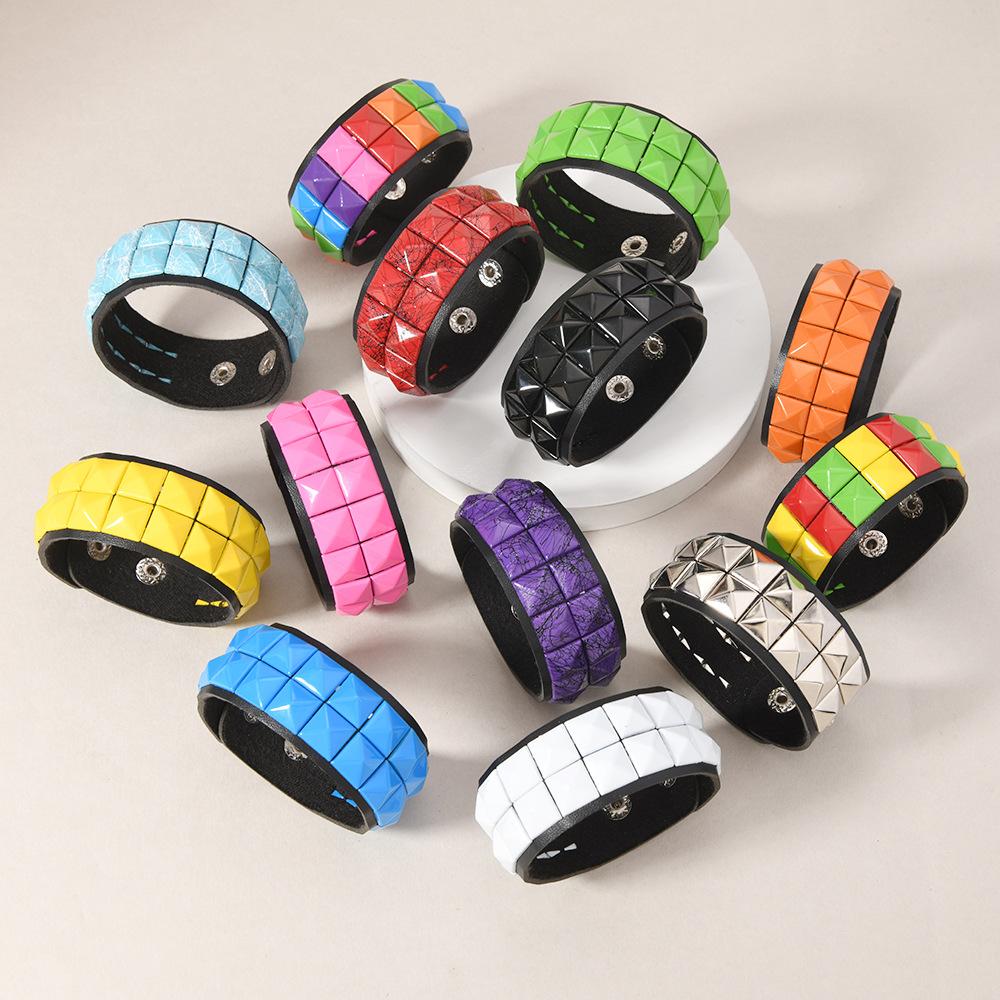 Hip Hop Rock Wide Wrap Bangle Hand Rainbow Color Block Spiked Bracelet for Men Women Punk Rivet Leather Cuff Bracelets