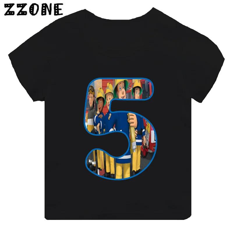 Fireman Sam Firefighter Print Cartoon Boys Clothes 1 2 3 4 5 6 7 8 9 Years Birthday Number Kids T shirt Cute Baby Girls TShirts