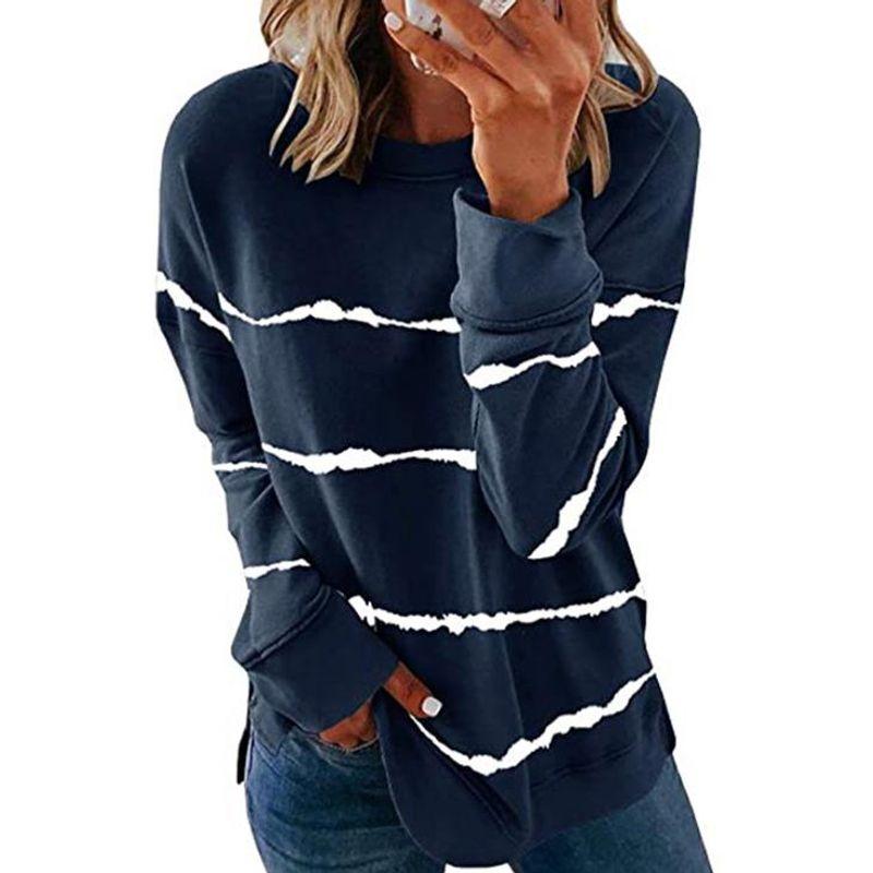 round Collar Loose Striped Top Female Crew Neck Loose Striped Top
