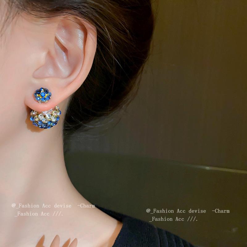 Silver needle with diamonds, two earrings before and after, new fashion versatile stud earrings, niche high-end temperament earrings, women