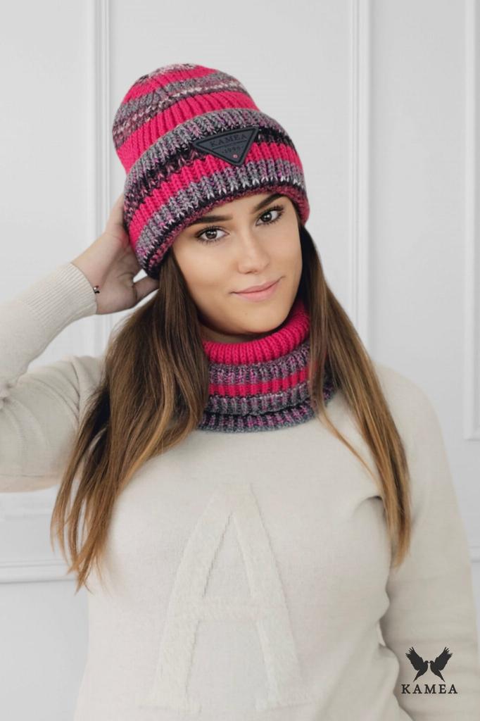 Muscari Striped Sequined Hat Set with Scarf Color Raspberry