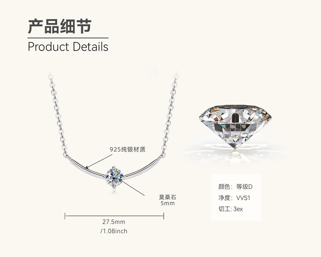 Silvere Glam Japanese And Korean Fashion 0.5-carat Moissanite Necklace, Simple Collarbone Chain For Women, S925 Sterling Silver Pendant