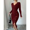 Women'S Knitted Wrap Dr High Waist Bodycon Base Layer Inner Wear Mid-Length V-Ne Long Sve Polyester Autumn Winter