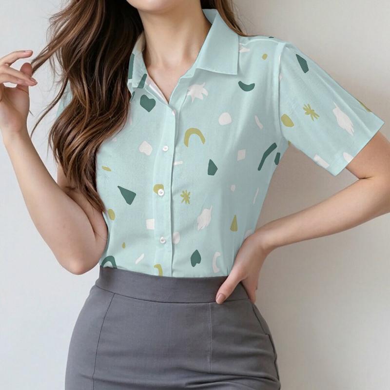 Simple and personalized geometric printed women s short sleeved lapel shirt, summer fashion, daily versatile casual top XL